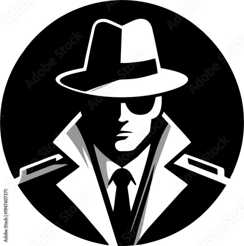 Noir Detective Silhouette Logo – Vintage Spy Agent in Fedora Hat Vector Illustration