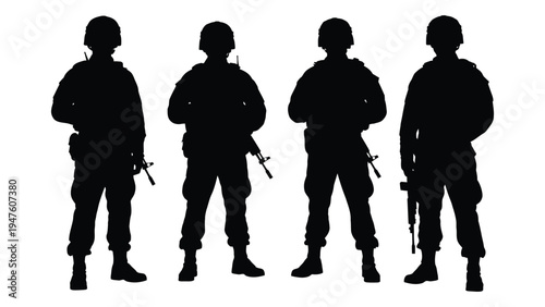 Four soldiers standing in a row with guns