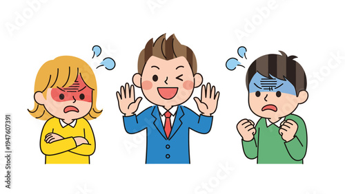 Conflict resolution with mediator, angry woman, and worried man. Emotional communication and problem-solving concept.