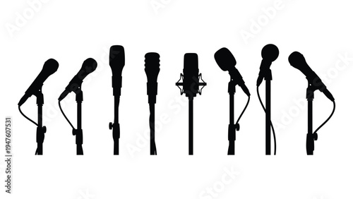 A collection of seven different microphone types on stands