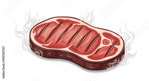 Grilled steak sizzles on hot grill with smoke rising around it