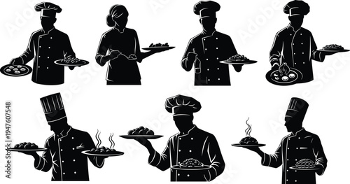Chef and cook silhouettes set serving dishes and food plates professional kitchen staff cooking restaurant service isolated on white background