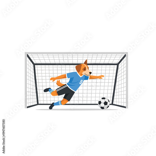 A dog in a soccer uniform dives to save a goal near a soccer ball