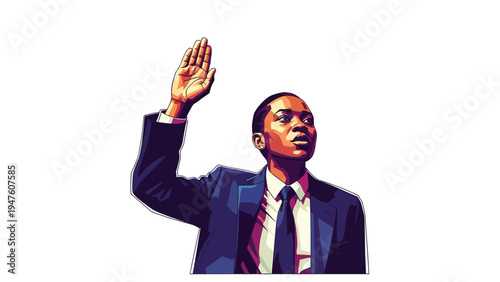 Determined man in suit raising hand, pledging oath or asking question. Professional illustration of commitment and engagement.