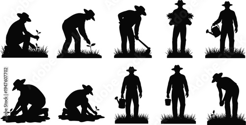 Farmer gardening silhouettes collection planting seedlings watering crops and working in field isolated on white background agriculture concept