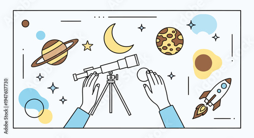 Astronomy Concept Illustration with Telescope, Planets, and Stars