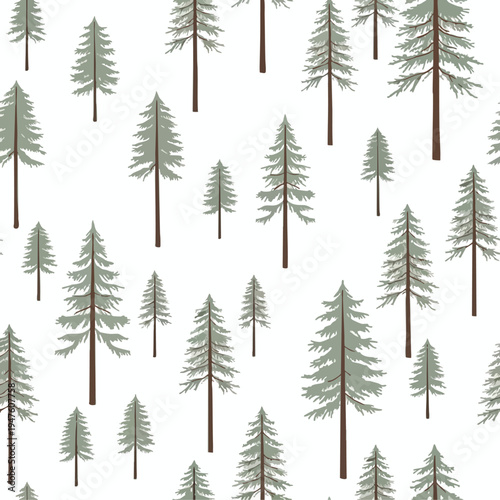 Repeating pattern of stylized coniferous trees against a white background