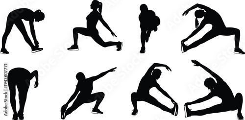 Fitness training silhouettes set with athletes stretching warming up and performing workout exercises isolated on white background sport activity collection