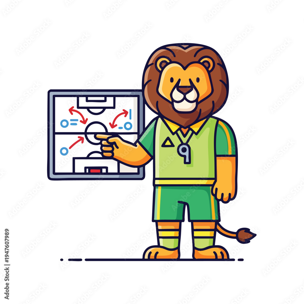 Fototapeta premium Anthropomorphic lion coach points to a soccer playbook on a board