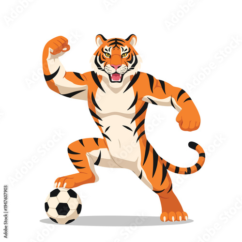 Anthropomorphic tiger with soccer ball, flexing arm, and roaring