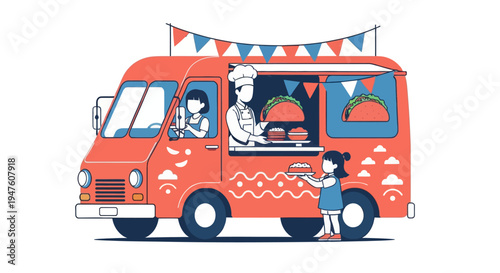 Cute Food Truck with Driver Illustration