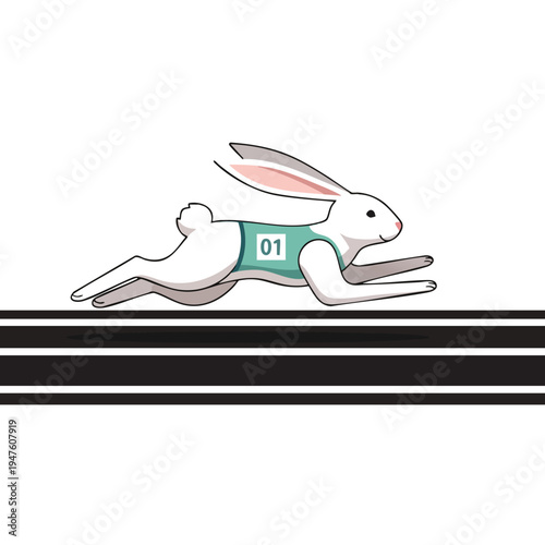 White rabbit in a teal racing vest with the number 01, running on a black and white striped track