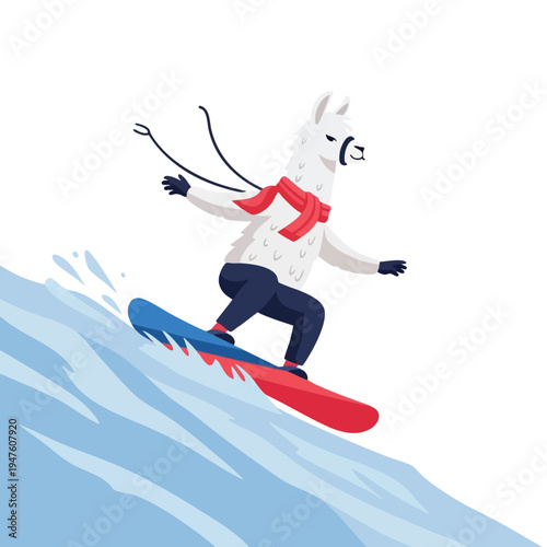 Cartoon llama in red scarf snowboarding down a snowy slope