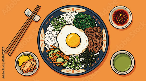 Rice Bowl with Egg: Contemporary Asian Food Illustration
