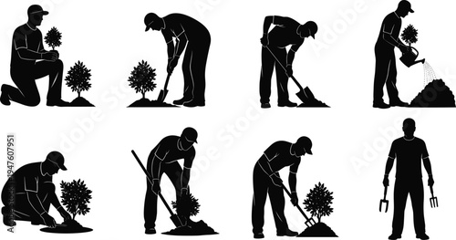 Gardener silhouettes planting trees digging soil watering plants and using garden tools isolated on white background landscaping concept