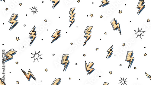 Seamless pattern background featuring bright yellow lightning bolts and small black stars and dots scattered on a white base.