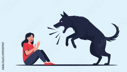 Emotional illustration of a terrified woman sitting on the ground as a giant dark wolf or dog leaps and barks aggressively.