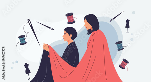 Dressmaker Concept Illustration with Needle Thread and Fabric