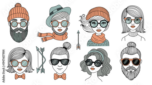 Collection of various hipster character faces with diverse hairstyles beards sunglasses and stylish headwear on a white background.