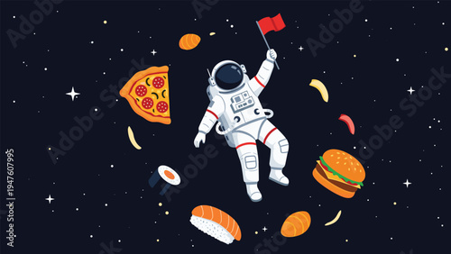 Whimsical space illustration of a curious astronaut floating in the cosmos surrounded by floating fast food items like pizza.