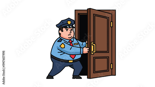 Overweight cartoon police officer in uniform struggling to open a wooden door. Humorous illustration of law enforcement.