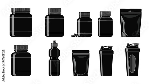 Group of black silhouettes representing various sports supplement containers protein powder bags and water shaker bottles.