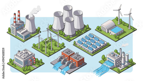Isometric illustration showing various types of sustainable and traditional power plants including wind solar and nuclear energy.