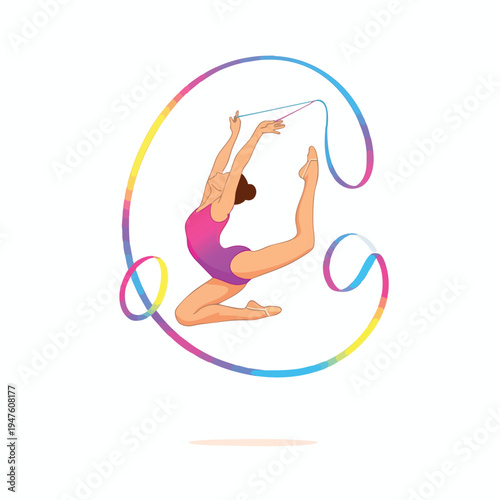 Rhythmic gymnast in mid-air with a flowing rainbow ribbon, artfully posed