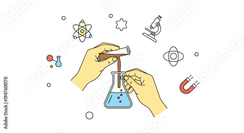 Hand Drawing Science Symbols Atom and Laboratory Flask Illustration