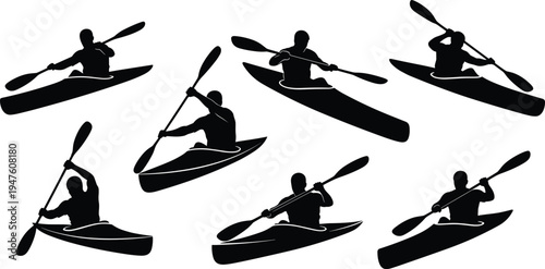 Kayaking athlete silhouettes set with paddling actions in canoe kayak sport isolated on white background adventure water sport concept