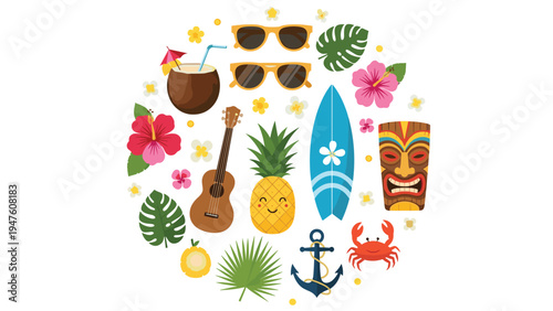 Circular arrangement of tropical summer icons including a surfboard ukulele pineapple hibiscus flowers and a tiki mask.