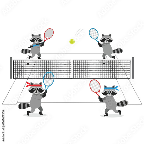 Four cartoon raccoons playing tennis on a court with a net and ball