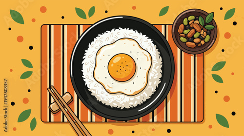 Rice Bowl with Egg: Contemporary Asian Food Illustration
