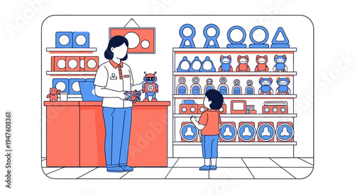 Illustration of a retail employee working in a technology or toy store