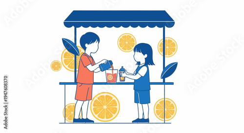 Illustration of a Boy Selling Fresh Orange Juice at a Market Stall