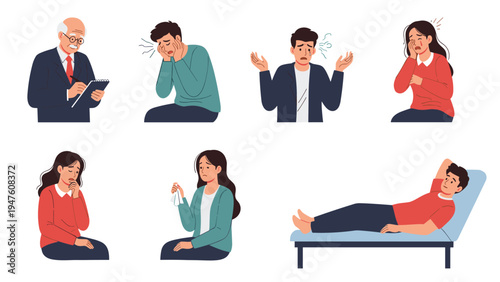 Series of character illustrations depicting various emotional states of sadness and stress during a therapy consultation.