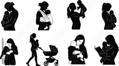 Mother and baby silhouettes set showing parenting love care holding hugging feeding and stroller walking isolated on white background