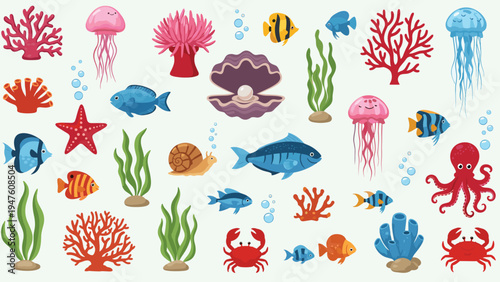 Colorful underwater scene featuring a variety of sea life including jellyfish tropical fish an octopus and coral reef elements.