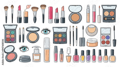 Large assortment of hand drawn cosmetics and beauty products including lipsticks brushes eyeshadow palettes and nail polishes.