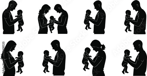 Parents holding newborn baby silhouettes set with mother and father caring loving infant isolated on white background family parenting concept