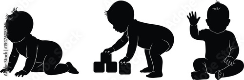 Baby Silhouette Collection Crawling Playing and Waving on White Background child infant