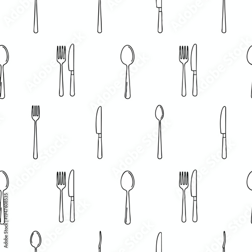 A repeating pattern of line art depicting various cutlery items, including forks, spoons, and knives