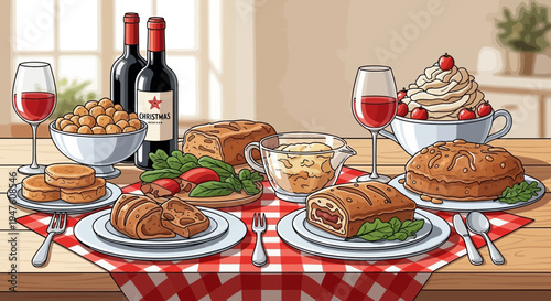 A festive holiday dinner table with Food, Turkey, Wine, Glasses, and Vegetables