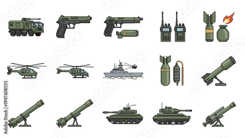 Comprehensive set of military equipment icons including tanks helicopters weapons and communication gear on a white background.