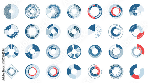 Diverse collection of circular data visualization charts and progress indicators in shades of blue and red on white background.