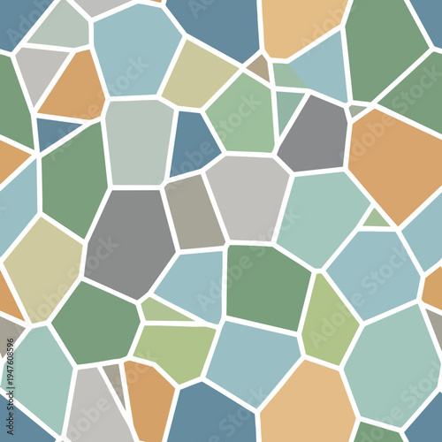 Abstract mosaic pattern with irregular shapes in muted earth tones and blues