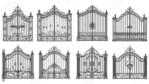 Detailed selection of decorative wrought iron gates featuring intricate scrollwork and ornate metal designs in grayscale.