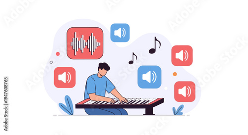 Music Producer Working on Digital Keyboard with Sound Wave Icons