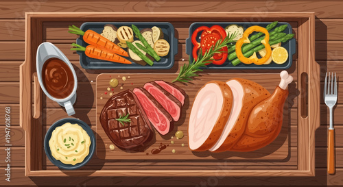 A variety of roasted meats and vegetables served on a wooden tray indoors.