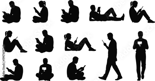 People using smartphone and tablet silhouettes set with men and women sitting walking and browsing isolated on white background